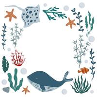 Hand drawn Template with stingray, fish, whale and ocean elements. Marine Background for invitation or greeting cards. Illustration of underwater Frame vector