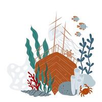 Ship at the bottom of the ocean surrounded by corals, algae, fish. Underwater elements for nursery poster or baby invitations and greeting cards. vector