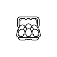A simple line drawing of an open egg carton containing six eggs inside. vector