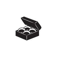 A black and white illustration of a box of sushi with a removable lid, containing several pieces of sushi and a small serving of soy sauce. vector