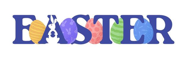 Easter text lettering for Paschal greeting card with textured eggs and rabbit. Happy easter springtime holiday stock illustration vector