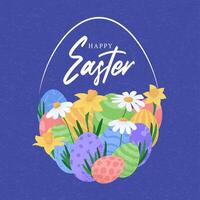 Easter card with eggs. Many beautiful flat multi-colored flat eggs are laid out in the shape of a large egg. Happy Easter illustration for easter card. vector