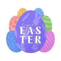 Happy easter card with eggs. Many beautiful flat multi-colored flat eggs are laid out in the shape of a large egg. illustration for easter card. vector