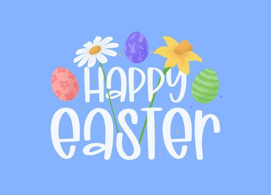 Happy Easter colorful lettering. Happy Easter, egg, spring flowers and grass symbols, logo, badges and lettering design on blue background