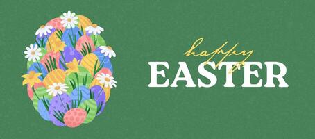 easter card banner with eggs. Many beautiful flat multi-colored flat eggs with spring flowers and grass are laid out in the shape of a large egg. illustration for easter card. vector