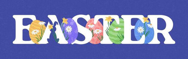 Happy Easter text lettering for Paschal greeting card with textured eggs and rabbit. springtime holiday stock illustration vector