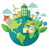 a green earth with buildings and trees around it vector