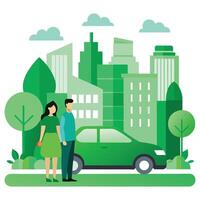a couple standing in front of a green car in front of a city vector