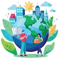 people are standing around the globe with a city in the background vector