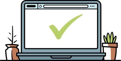 colorful open laptop with green tick on screen and potted flowers on sides no background vector