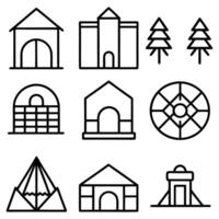 a set of line icons depicting various buildings vector