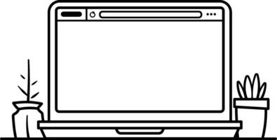 black and white open laptop with blank screen with potted flowers on the sides no background vector