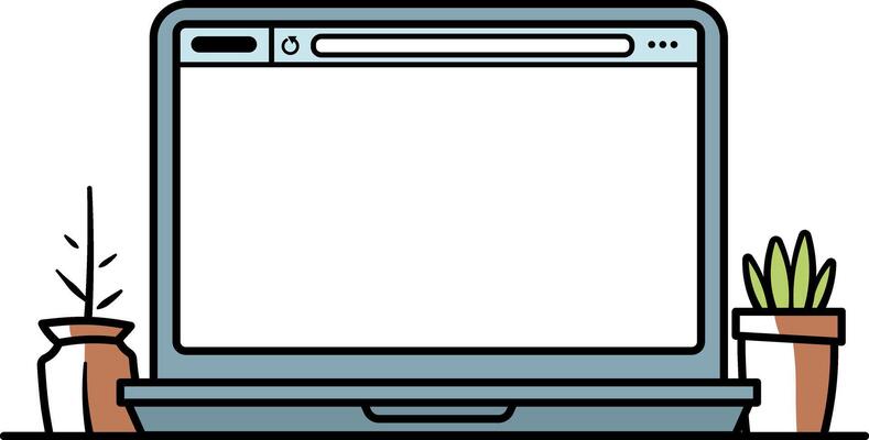 colorful open laptop with blank screen with potted flowers on sides no background