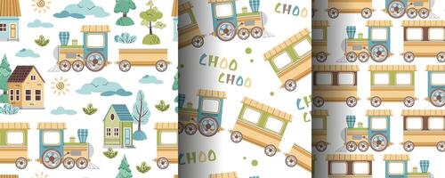 Set of seamless patterns with steam locomotive, houses and trees in flat style. Childish background with toy train for fabric, wallpaper, scrapbooking, etc vector