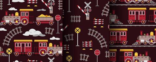 Set of seamless patterns with a steam locomotive in flat style. Childish background with toy train for fabric, wallpaper, scrapbooking, etc. vector