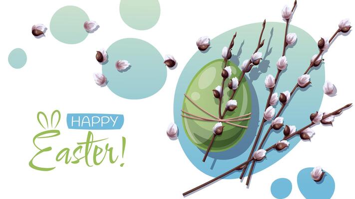 Banner Design with a Green Easter Egg Decorated with a Fluffy Willow Branch. Happy Easter. Spring Background for Cards, Posters. Illustration for a Religious Holiday.