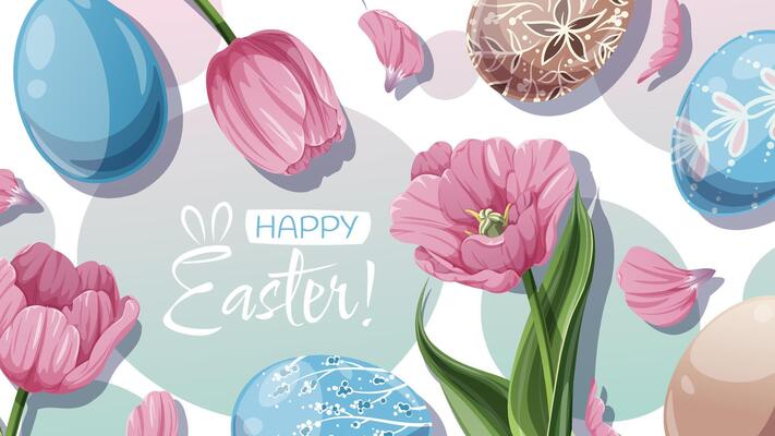 Happy Easter Banner Design with Colorful Easter Eggs and Pink Tulips. Background for Cards, Posters, Advertising.