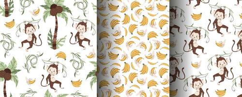 Set of seamless patterns with cute monkeys in flat style. Repeating background with African animals, palm trees and bananas. Childish illustration for fabric vector