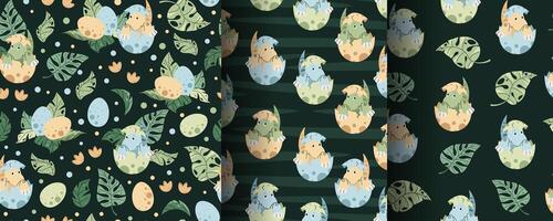Set of Seamless patterns with cute dinosaurs in an egg in flat style. Endless texture with hatched baby dinosaur and tropical plants. Childish background for fabric, wallpaper, wrapping paper vector