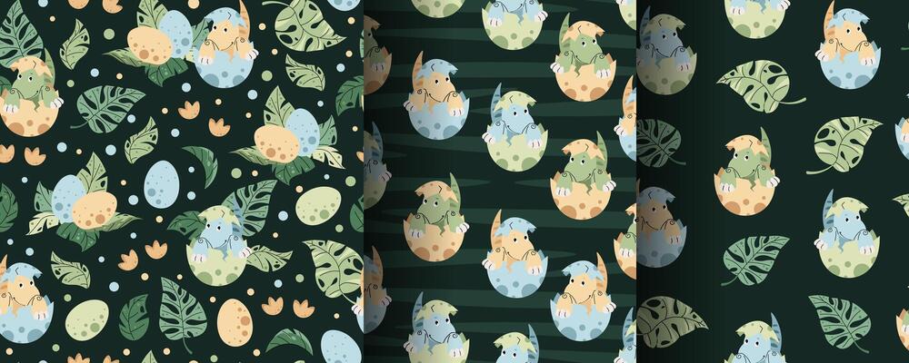 Set of Seamless patterns with cute dinosaurs in an egg in flat style. Endless texture with hatched baby dinosaur and tropical plants. Childish background for fabric, wallpaper, wrapping paper