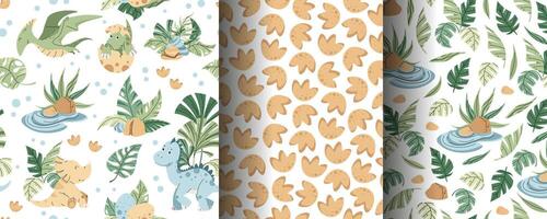 Set of seamless patterns with cute dinosaurs in flat style. Endless texture with baby dinosaurs with palm leaves, footprints and plants. Childish background for fabric, wallpaper vector