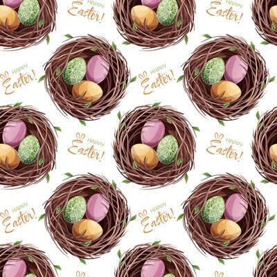 Seamless Pattern with Nest and Colorful Easter Eggs. Delicate Spring Texture for Fabric, Wallpaper, Wrapping Paper, and Scrapbooking. Perfect for Easter and Spring Designs.