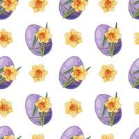 Seamless Pattern with Easter Egg and Yellow Daffodil. Easter Background for Fabric, Wallpaper, Wrapping Paper, etc. Happy Easter Design. vector