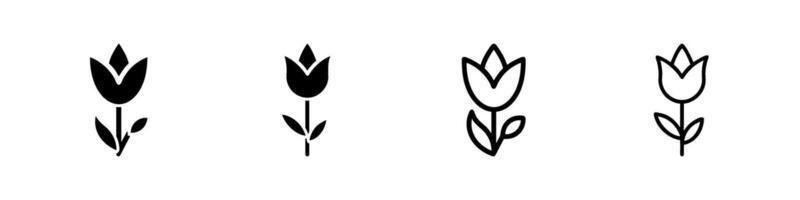 A tulip icon set featuring glyph and line styles, representing spring, nature, and floral decoration vector