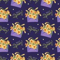 Seamless Pattern with Envelopes Filled with Yellow Daffodils. Elegant Floral Texture with Spring Flowers. Delicate Background for Fabric, Wallpaper, Wrapping Paper. Perfect for Easter and Spring-theme vector