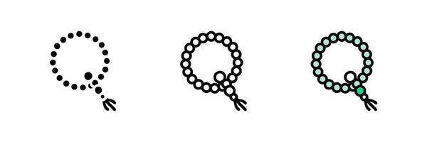 A tasbih icon set in glyph line and color styles representing prayer beads for Islamic worship and meditation vector