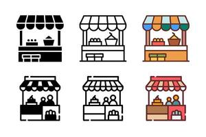 A traditional market icon set in glyph line and color styles representing local commerce and cultural trade vector