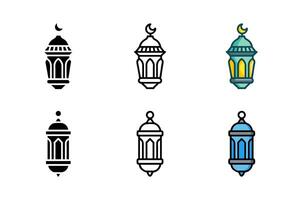 A decorative Ramadan lantern icon set in glyph line and color styles symbolizing light and hope during the holy month vector