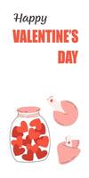 Happy Valentines Day greeting card with fortune cookies and jar with red hearts. vector