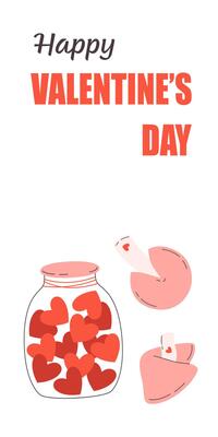 Happy Valentines Day greeting card with fortune cookies and jar with red hearts.
