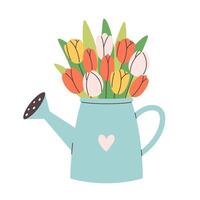 Cute watering can with tulips. Hello spring, springtime. Design for cards, fabric, wrapping, scrapbooking, wallpaper. vector