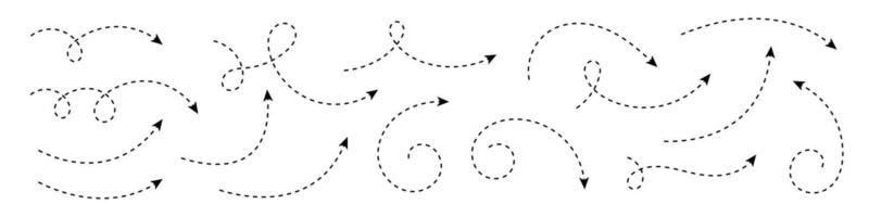Curved dashed arrow. Collection of dashed curved hand drawn arrows. vector