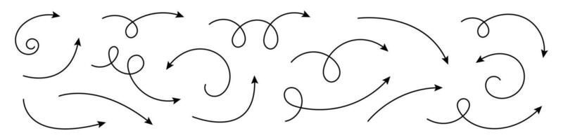 Collection of curved hand drawn arrows with thin line. vector