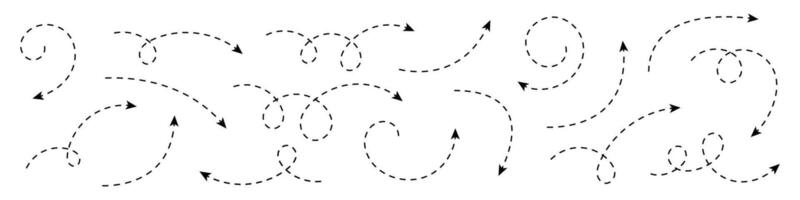 Collection of dashed curved hand drawn arrows. vector