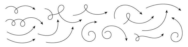 Hand drawn curved arrows with thin line. Set of hand drawn arrows. vector