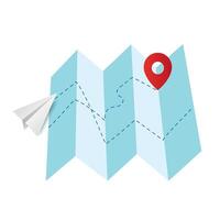 Map with GPS pin with paper airplane. Navigation and direction. Travel and tourism. Journey and adventure. Guide for tourists. vector