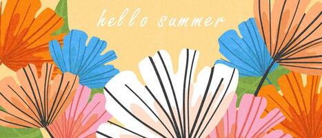 Summer horizontal background with creative abstract flowers Hello Summer. Modern design template for sales, horizontal poster, cover. vector