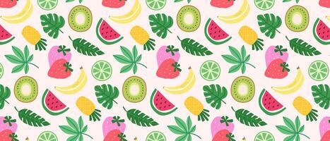 Seamless pattern of colorful fruits, berries and tropical leaves. Summer print with hand drawn fruits. vector