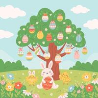 Tree with colorful Easter eggs, bunny, chicks on spring meadow. Spring landscape. Design for greeting cards, posters, banners. vector