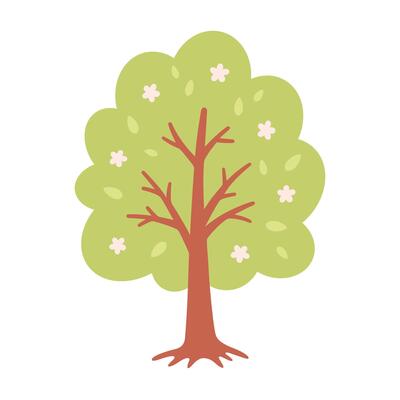 Cute spring tree with blooming flowers. Hello spring, springtime. Design element for cards, posters, scrapbooking