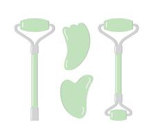 Set of flat stone massage roller gua sha and oil bottle isolated on white background vector