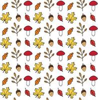 Seamless pattern of hand drawn doodle sketch autumn leaves mushroom and acorn isolated on white background vector
