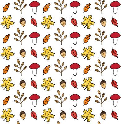 Seamless pattern of hand drawn doodle sketch autumn leaves mushroom and acorn isolated on white background