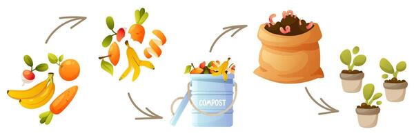 Compost life cycle diagram, infographics of composting processes. Process, stages of organic waste recycling, from collecting kitchen waste to using compost in agriculture, gardening. Zero waste. vector