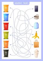 Labyrinth game for children, finding the right container for different types of waste. Sorting garbage, recycling waste. Connect waste and trash can. Eco-friendly education. vector