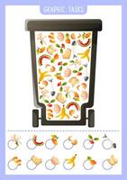Ecological game for kids, exercise on searching and counting organic waste in a trash can. Puzzle, Sorting garbage, recycling. Eco-friendly learning, workbook for preschoolers Earth Day, zero waste. vector